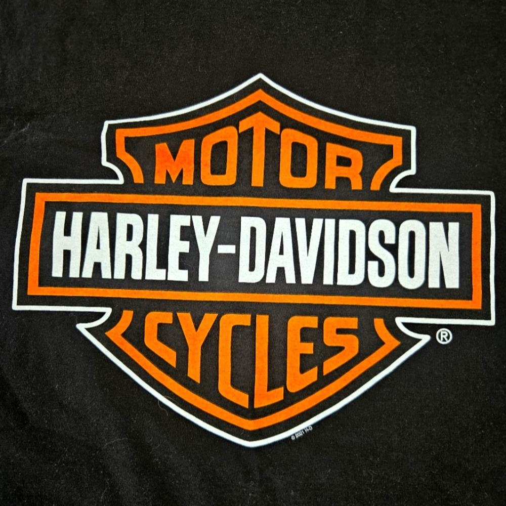 Harley-Davidson Oconomowoc, WI Black Tee with Orange Logo